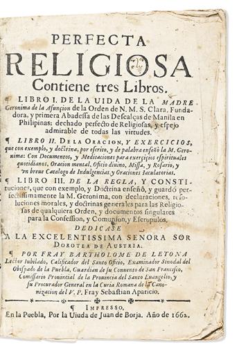 Letona, Bartholomé de (fl. circa 1660) Perfecta Religiosa, Contiene Tres Libros. Libro I. De la Vida de la Madre Geronima de la Asunçio